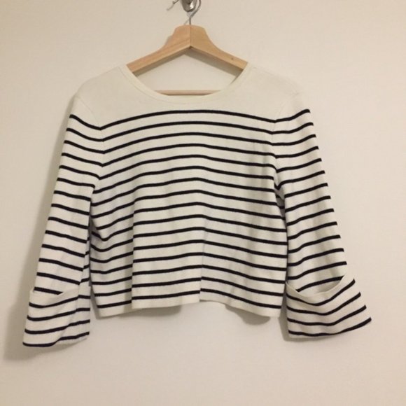 Maje Montreal Ecru criss cross lace up back Breton stripe cropped sweater - Picture 7 of 10